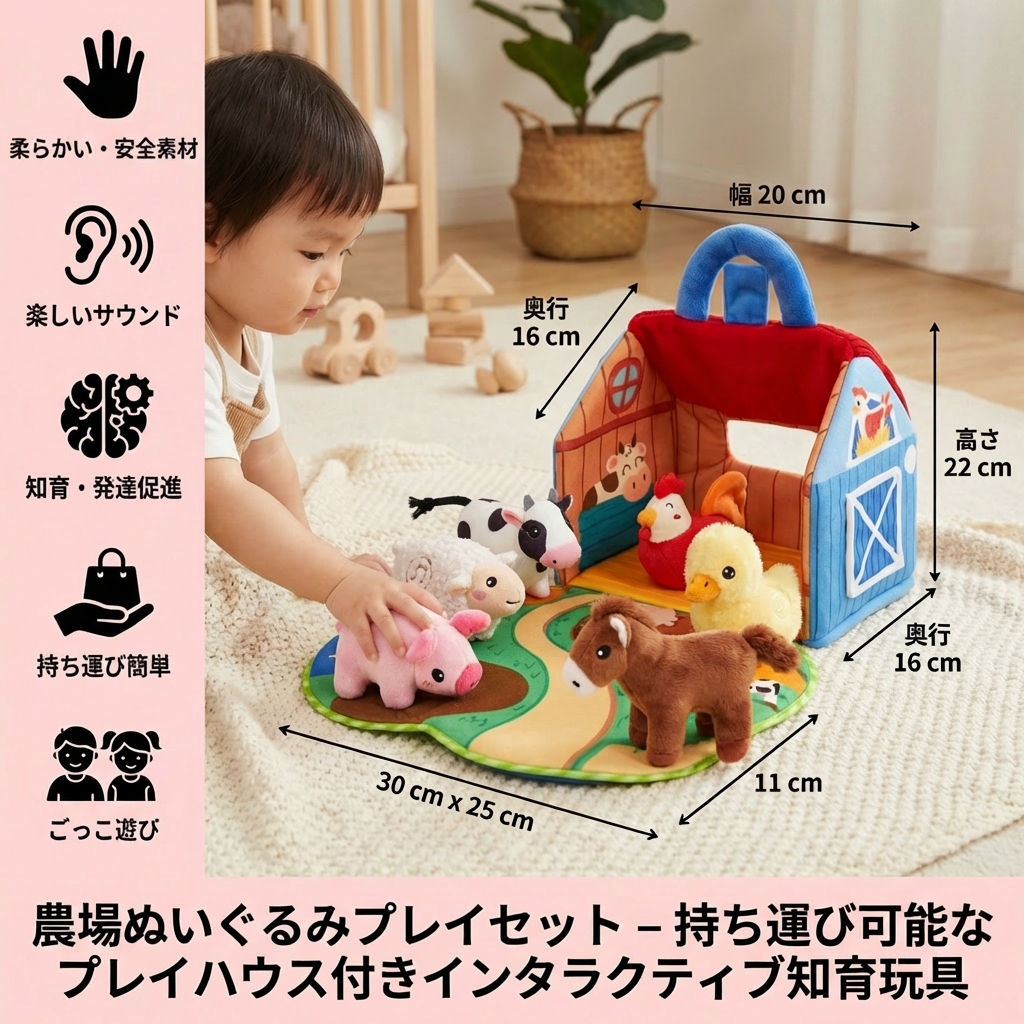 農場ぬいぐるみプレイセット – 持ち運び可能なプレイハウス付きインタラクティブ知育玩具