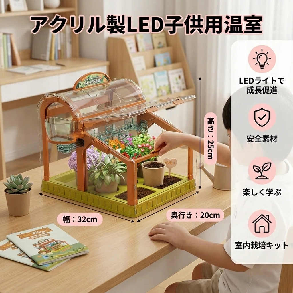 アクリル製LED子供用温室 – 室内栽培キット(楽しく学べる植物育成セット)
