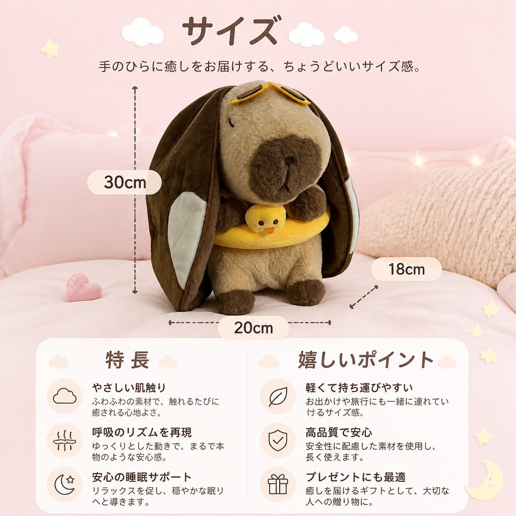 呼吸するカピバラのぬいぐるみ – ふわふわ柔らかな癒やしの睡眠パートナー