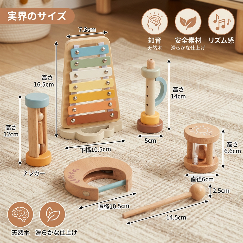 ベビー木製サウンドプレイセット – 6点セットの感覚的ミュージック&サウンドおもちゃ