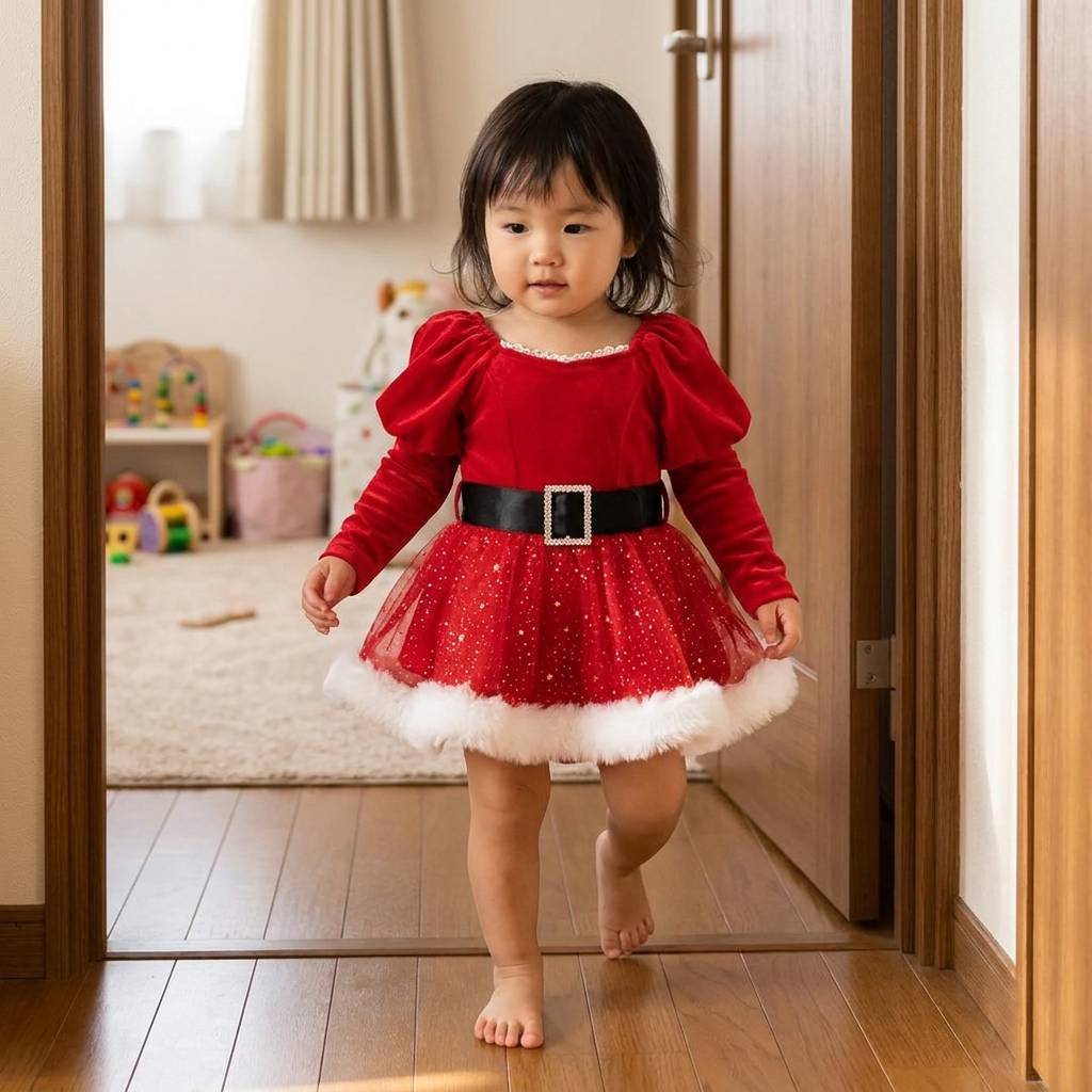 女の子用「初めてのクリスマス」長袖ロンパースワンピース