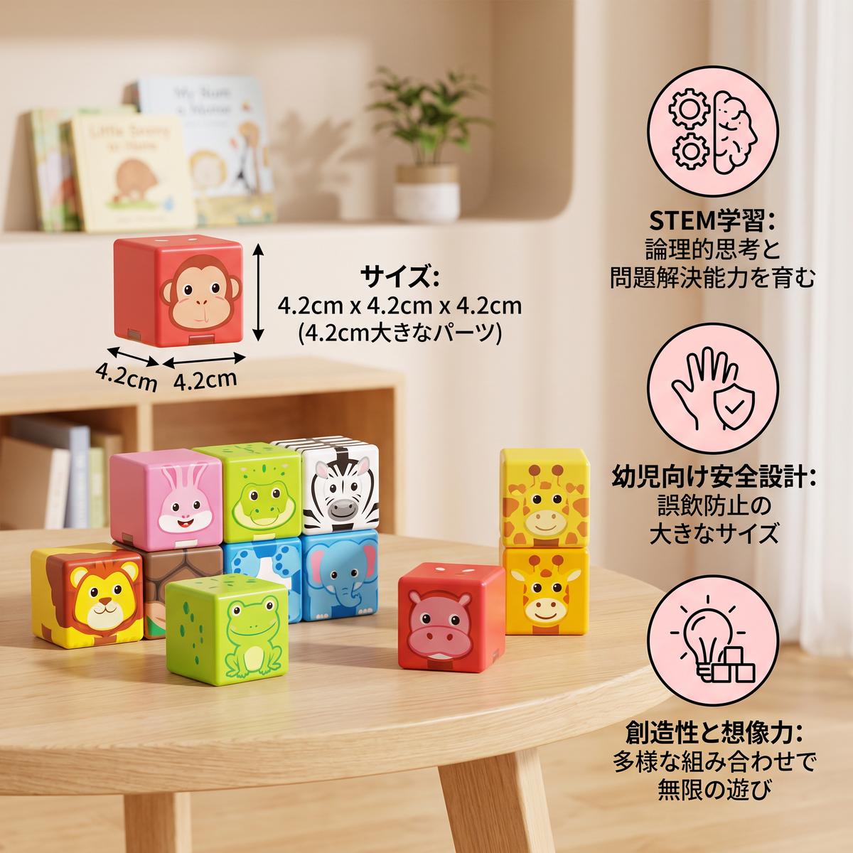 幼児向け安全設計 4.2cm サファリ動物マグネットブロック – STEM学習ブロック