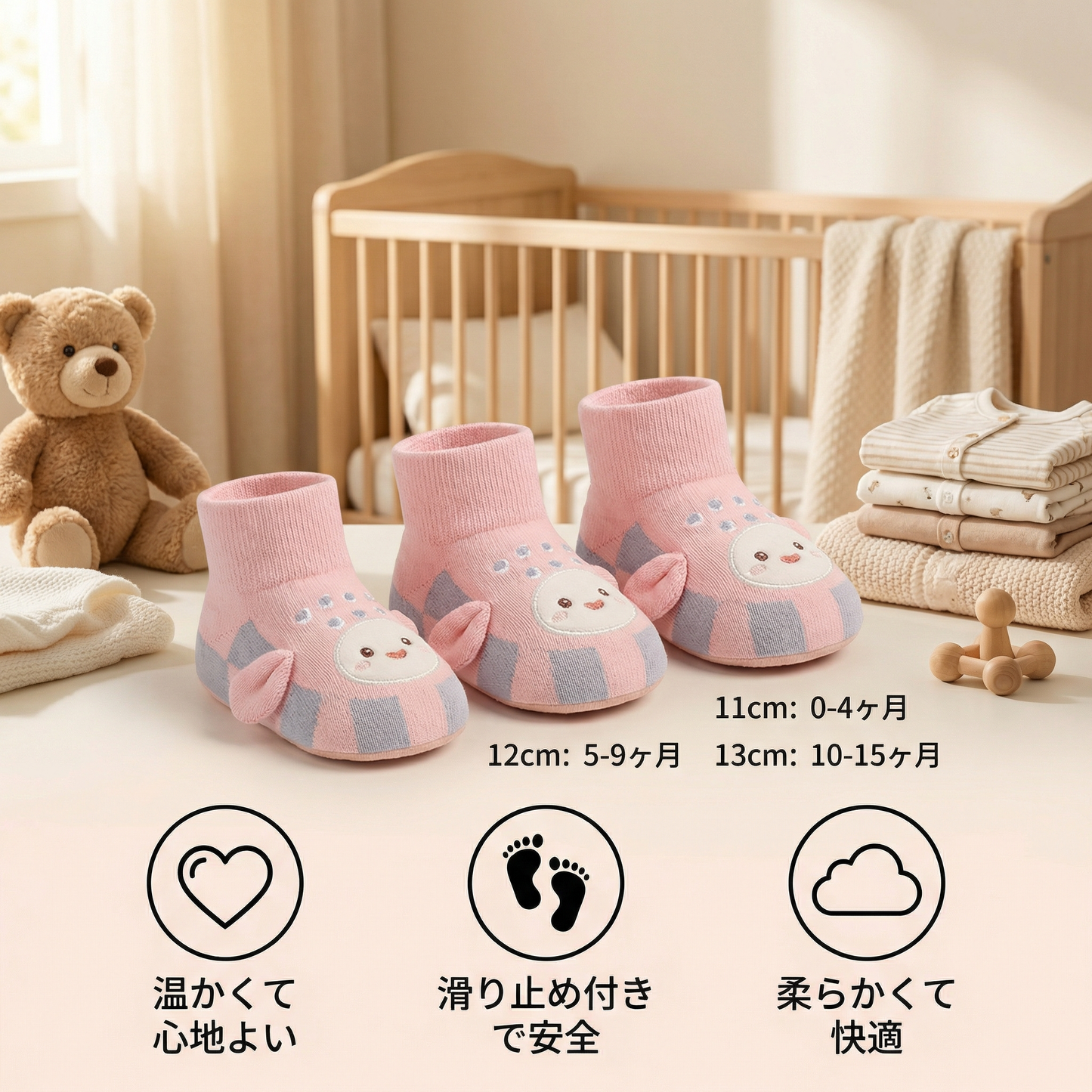 ふわふわのベビーソックスシューズ – あたたかく、滑り止め付きで快適