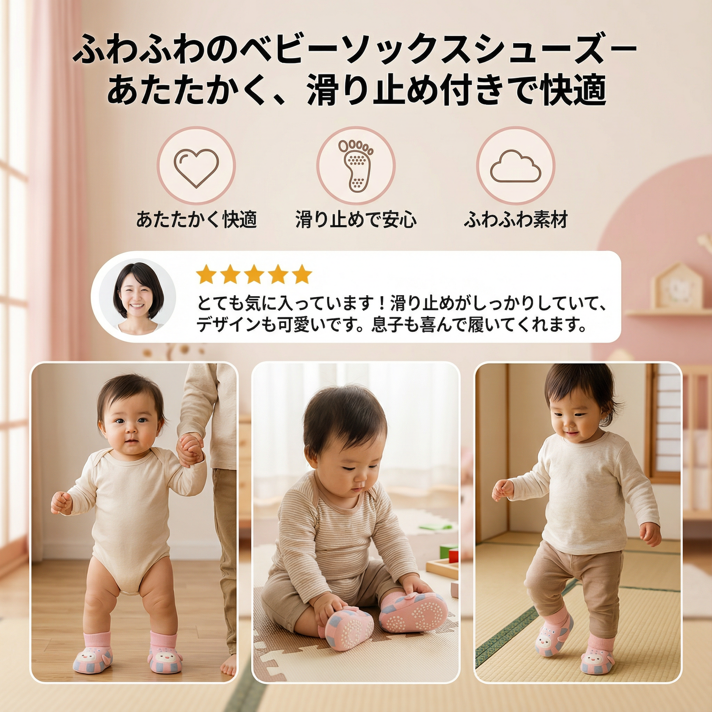ふわふわのベビーソックスシューズ – あたたかく、滑り止め付きで快適