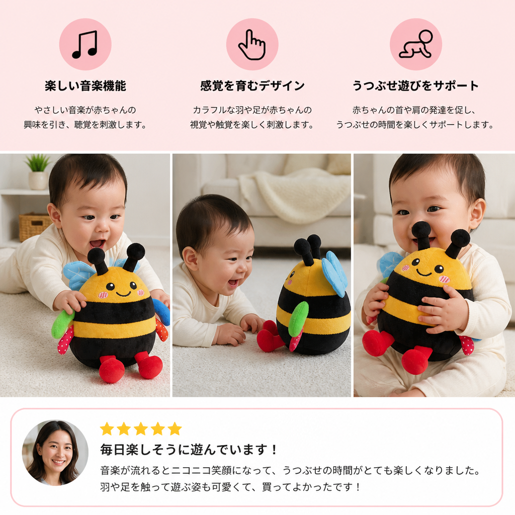 うつぶせ遊び用インタラクティブ音楽機能付きハチのぬいぐるみ