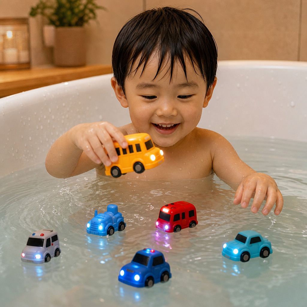 光るお風呂用ミニカーセット – 水に反応して光る赤ちゃん用バストイ
