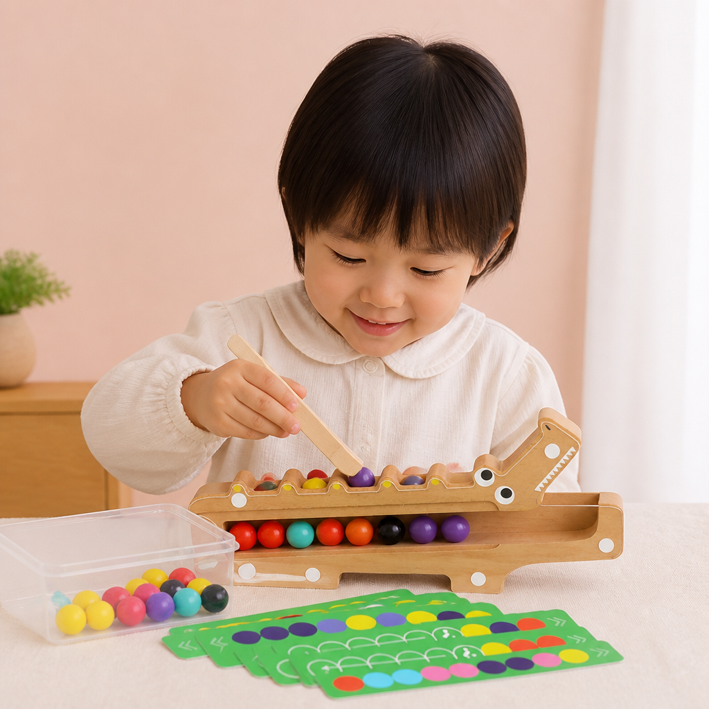 クロコダイル・カラーゲーム – 仕分けカードと木製おもちゃ付き知育ゲーム