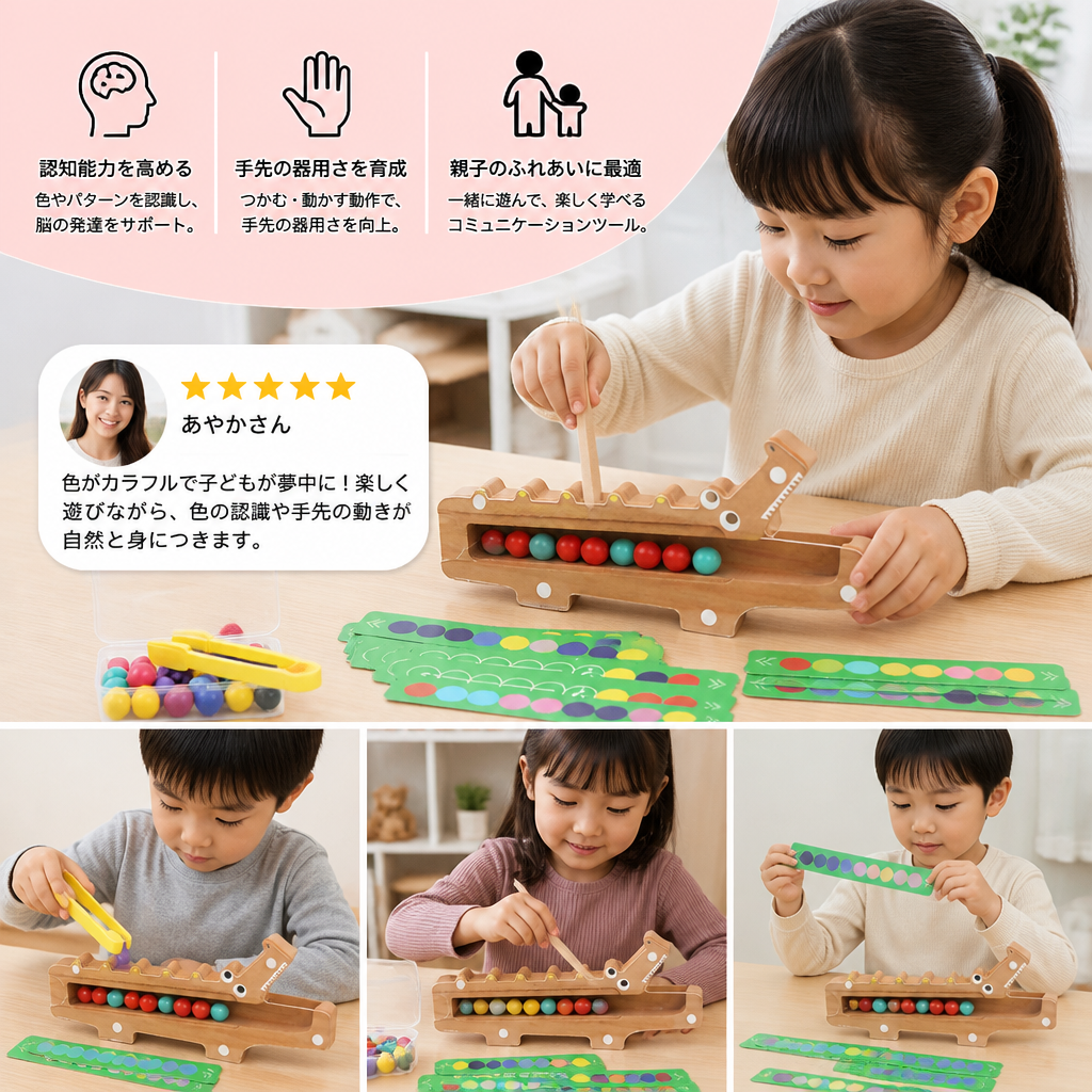 クロコダイル・カラーゲーム – 仕分けカードと木製おもちゃ付き知育ゲーム