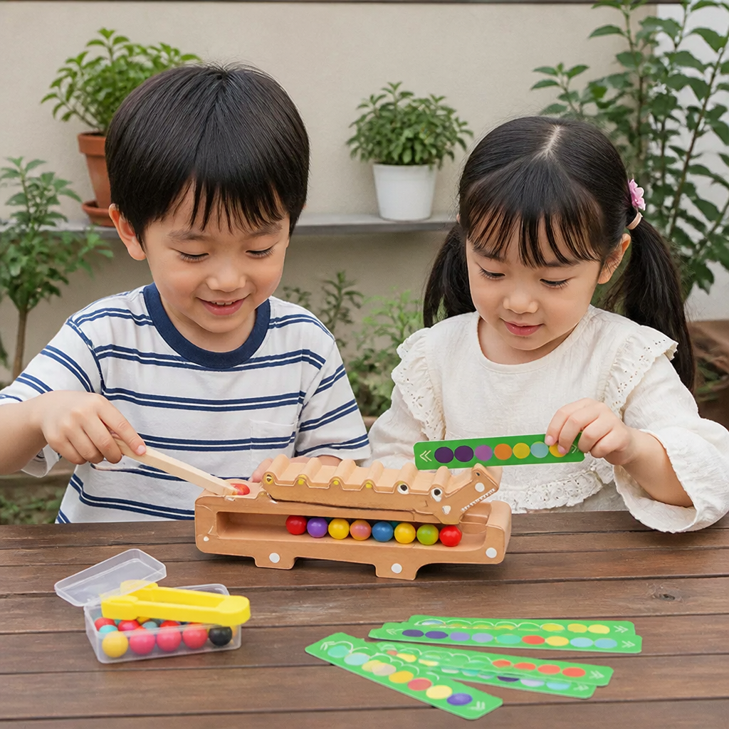 クロコダイル・カラーゲーム – 仕分けカードと木製おもちゃ付き知育ゲーム