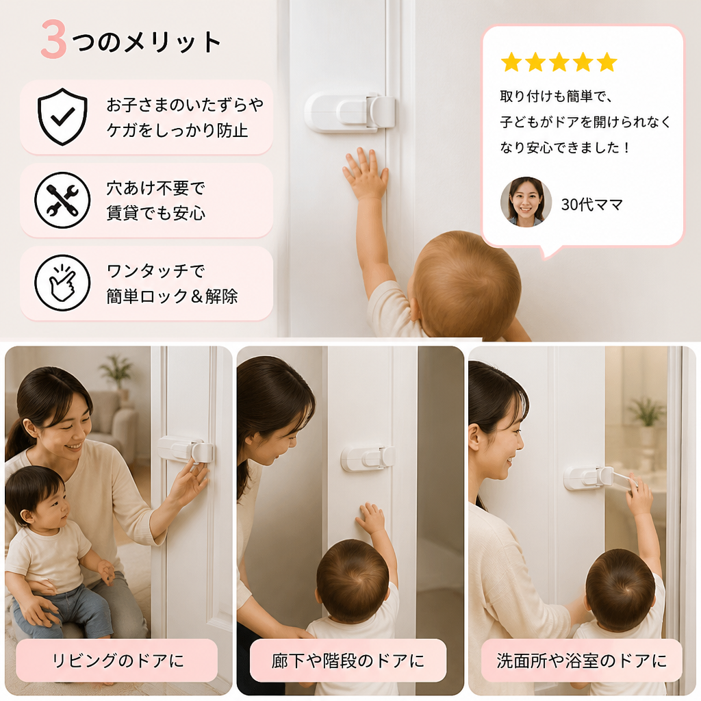 穴あけ不要の子ども用ドア安全ロック