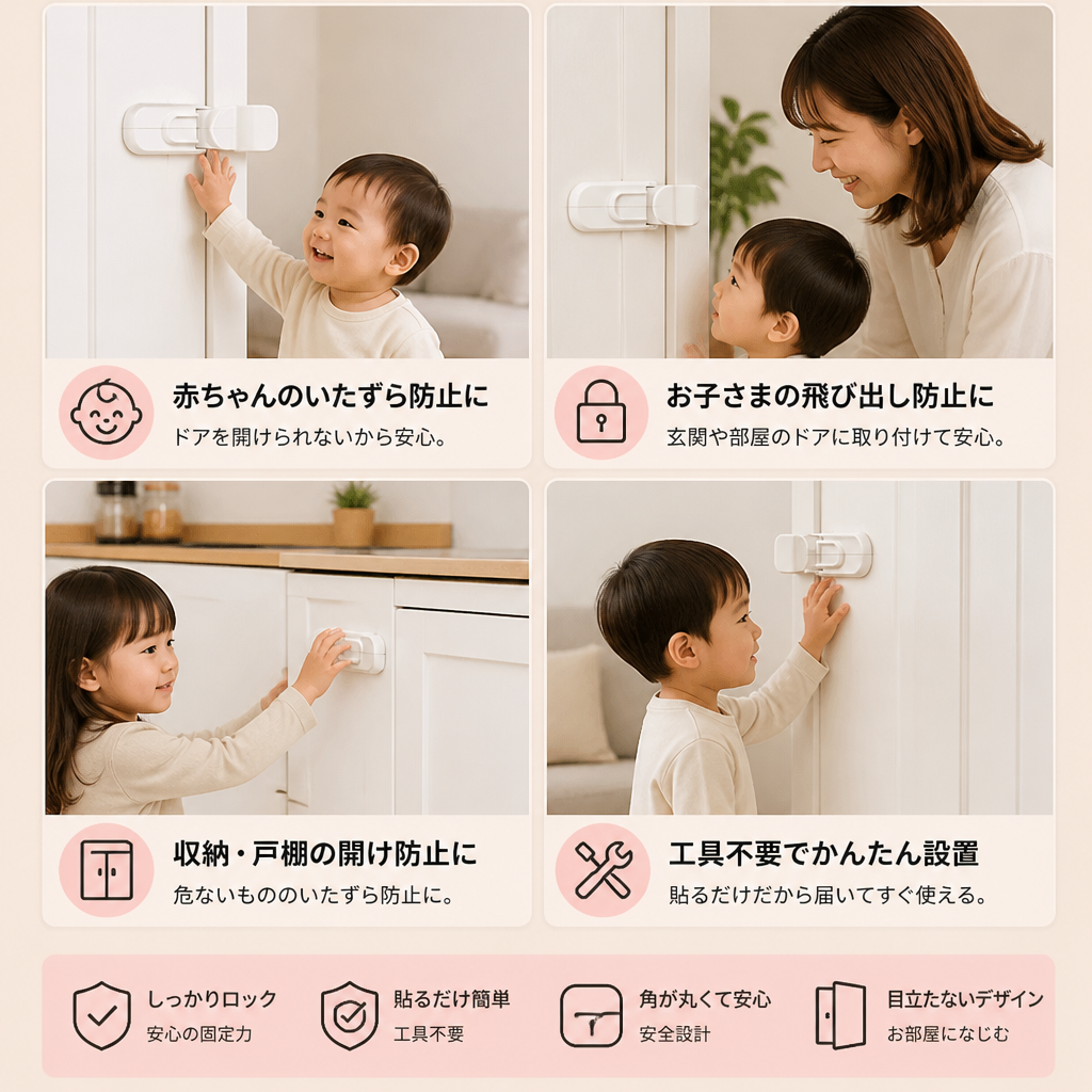 穴あけ不要の子ども用ドア安全ロック