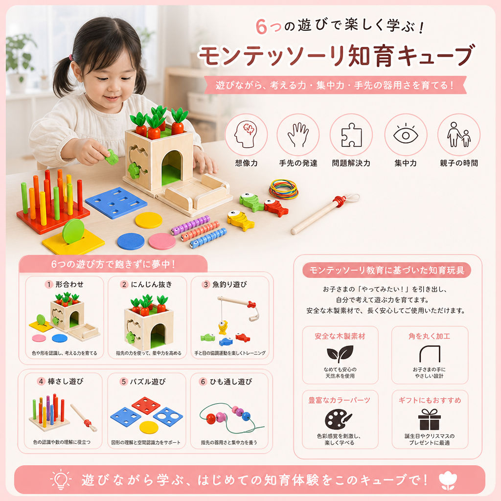 6-in-1 モンテッソーリ木製形合わせ＆フィギュア知育キューブ