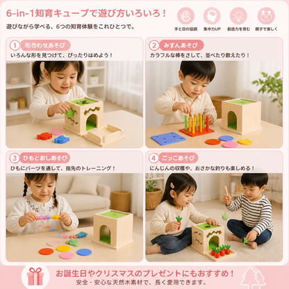 6-in-1 モンテッソーリ木製形合わせ＆フィギュア知育キューブ