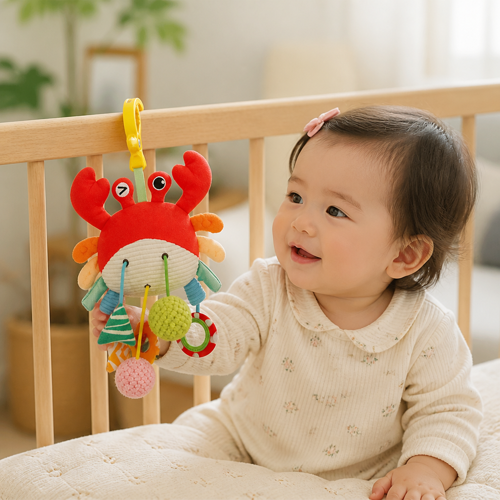 赤ちゃん用引っ張りひも付きカニさんアクティビティおもちゃ、ラトル＆歯固め付き