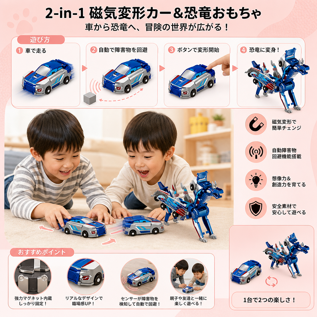 2-in-1 磁気変形カー＆恐竜おもちゃ｜自動障害物回避機能付き