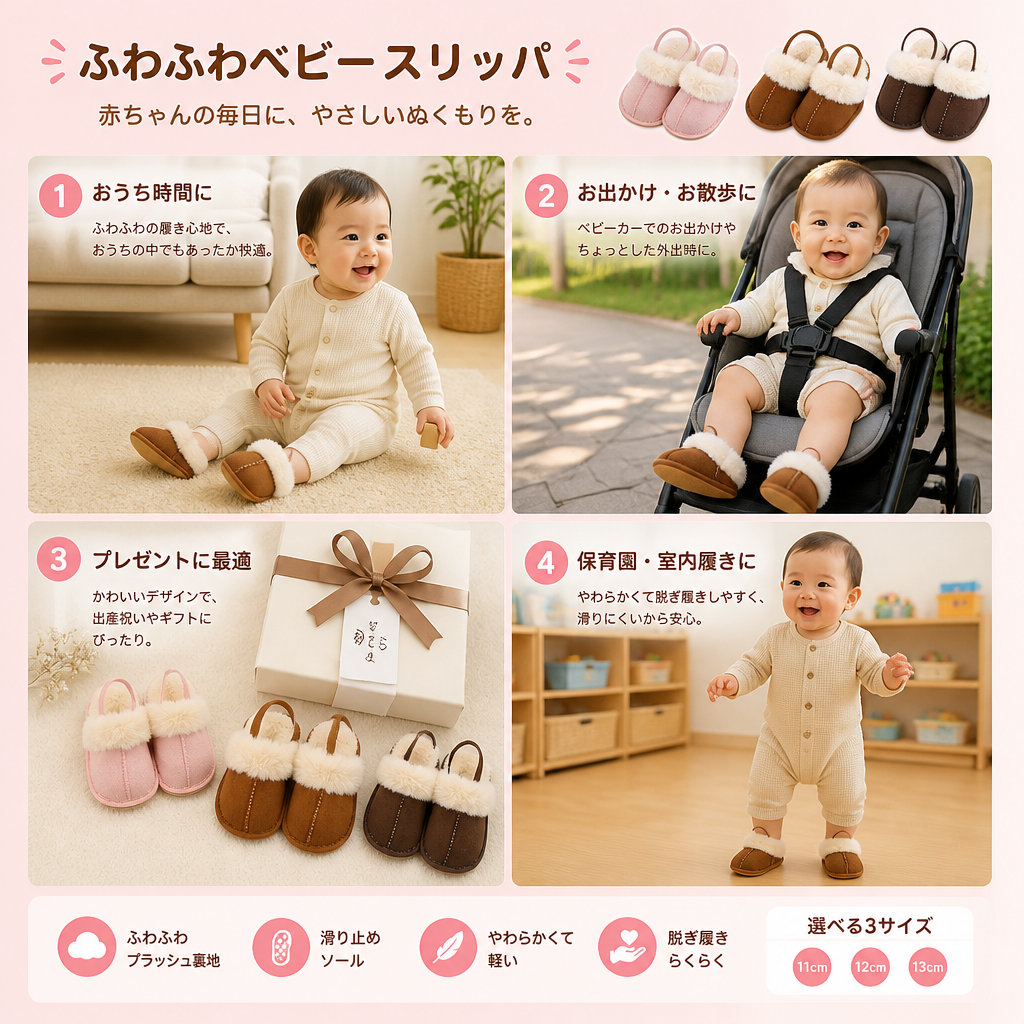 ふわふわベビー＆幼児用スリッパ｜柔らかいプラッシュ裏地＆滑り止めソール付き