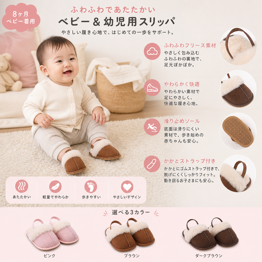 ふわふわベビー＆幼児用スリッパ｜柔らかいプラッシュ裏地＆滑り止めソール付き