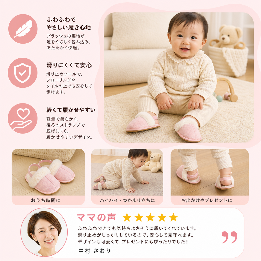 ふわふわベビー＆幼児用スリッパ｜柔らかいプラッシュ裏地＆滑り止めソール付き