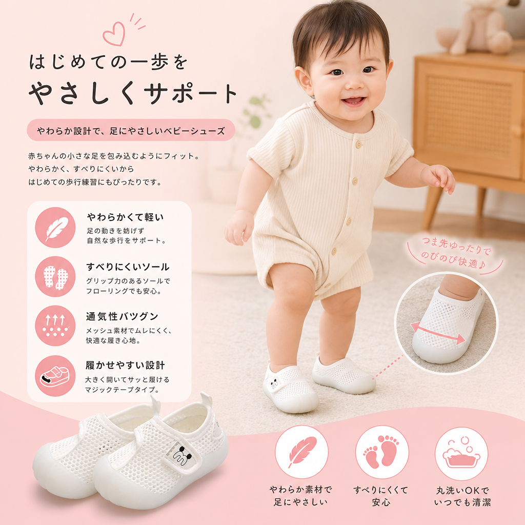 柔らかく滑りにくいソールの快適なベビーシューズ