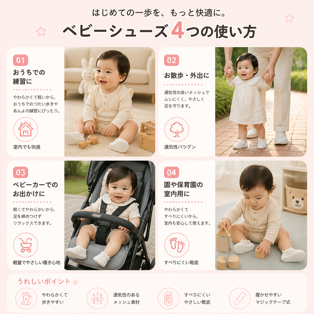 柔らかく滑りにくいソールの快適なベビーシューズ