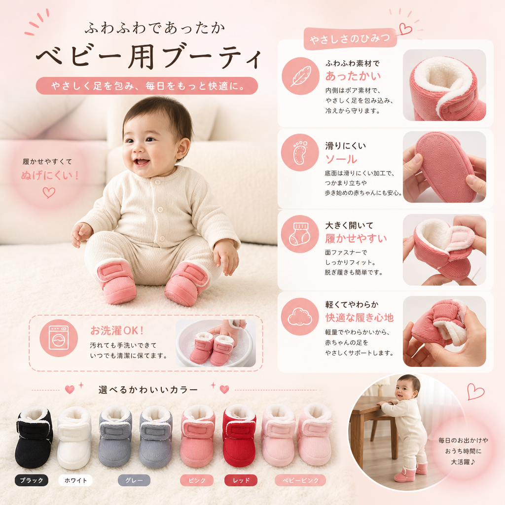 ふわふわ暖かいベビー用ブーティ｜柔らかく滑りにくいソール付き