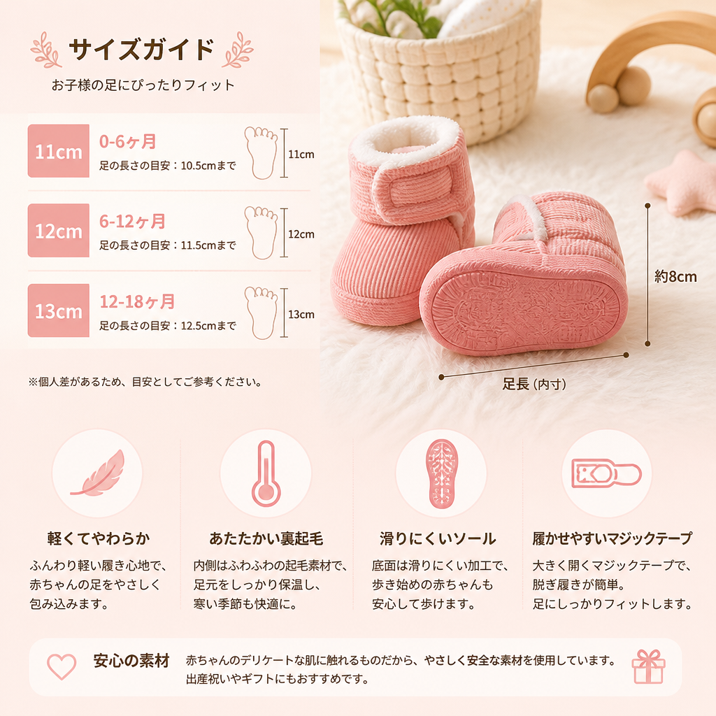 ふわふわ暖かいベビー用ブーティ｜柔らかく滑りにくいソール付き
