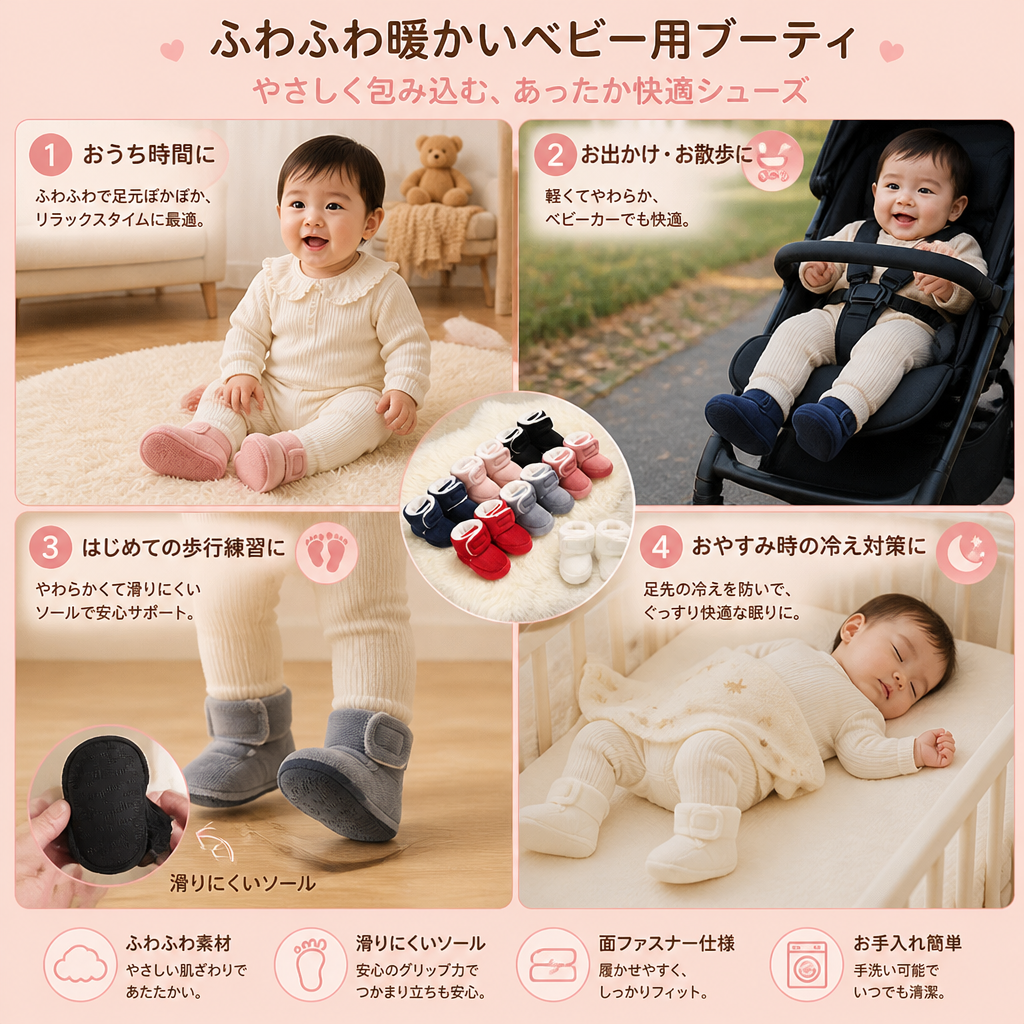 ふわふわ暖かいベビー用ブーティ｜柔らかく滑りにくいソール付き