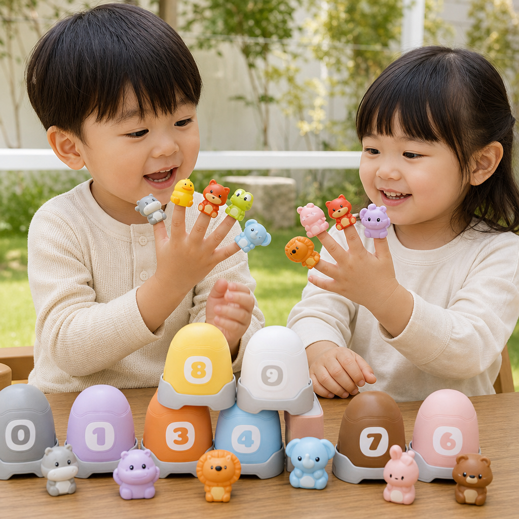 色分けと数字のお勉強ができる モンテッソーリ式やわらかラバー製 動物指人形セット