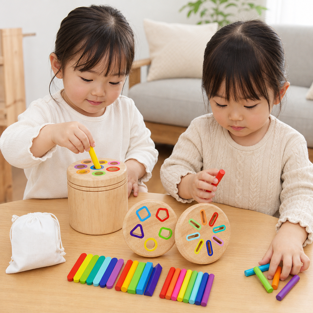 モンテッソーリ式 木製カラー＆形合わせ知育パズル – 微細運動能力と感覚を育む学習玩具