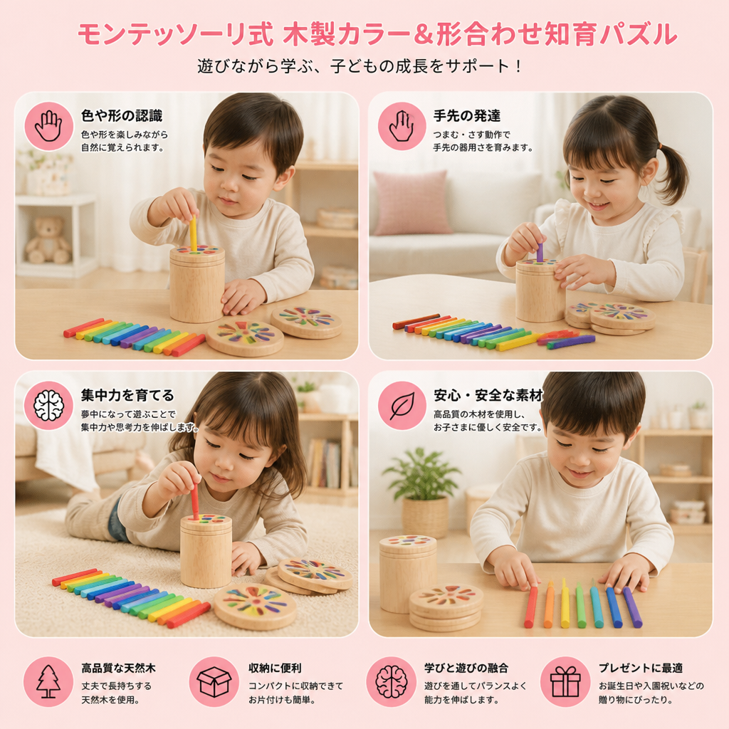 モンテッソーリ式 木製カラー＆形合わせ知育パズル – 微細運動能力と感覚を育む学習玩具