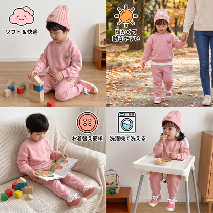 刺繍入りくま柄スウェットシャツとお揃いのスウェットパンツのベビー服セット
