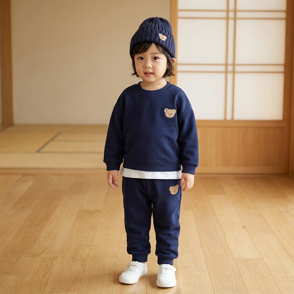 刺繍入りくま柄スウェットシャツとお揃いのスウェットパンツのベビー服セット