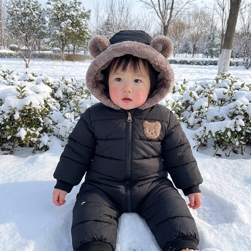 くま柄ベビー服 – 暖かいフリース裏地付きロンパース