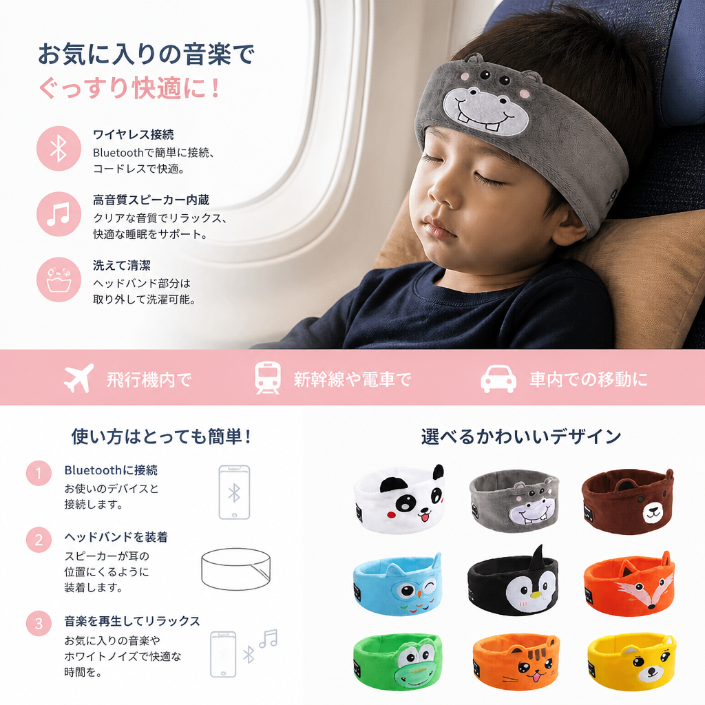 2-in-1 睡眠用ヘッドバンド（Bluetoothスピーカー内蔵）– 旅行＆快適な睡眠のためのやわらかいヘッドバンド