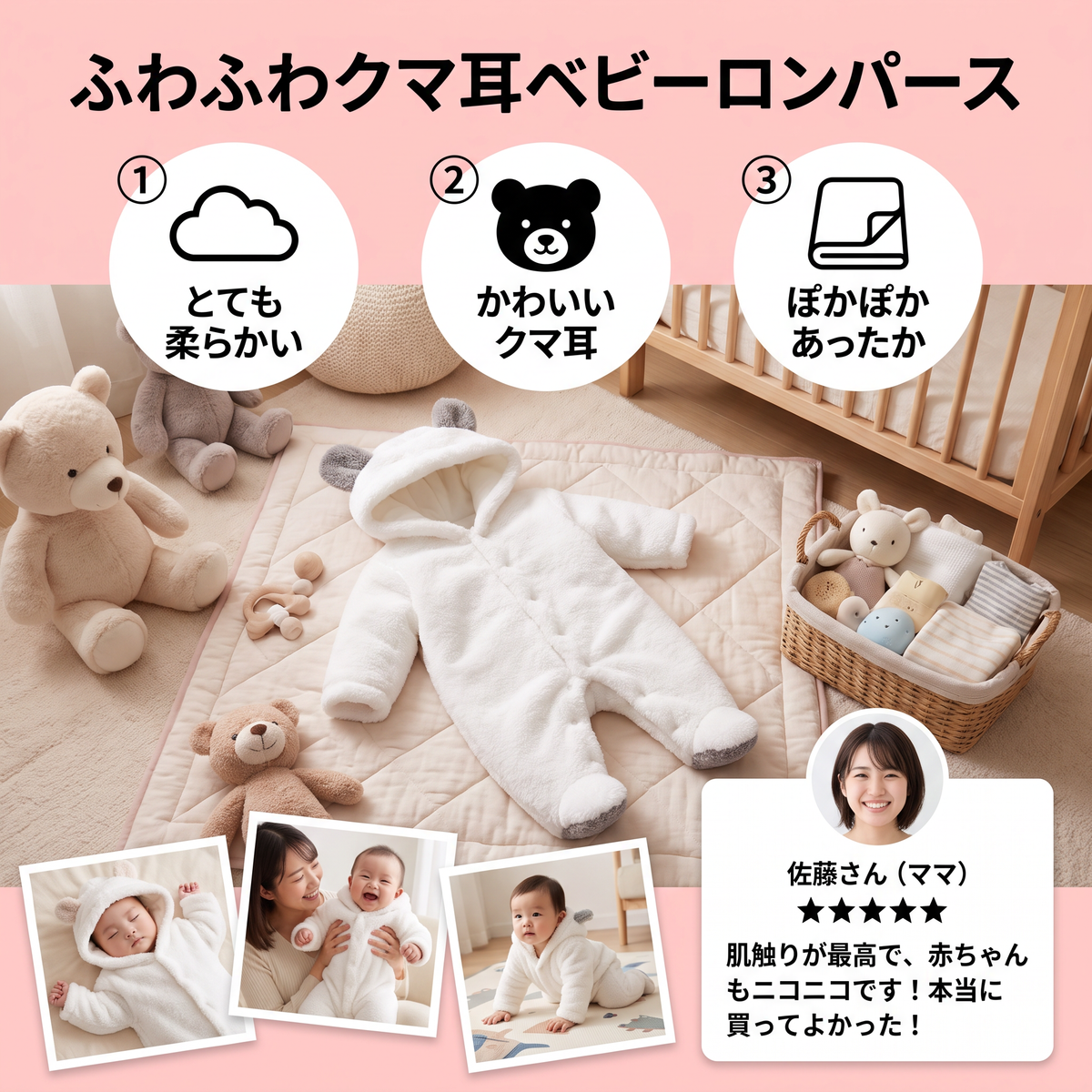 柔らかくて暖かい、くま耳フード付きベビーオールインワン