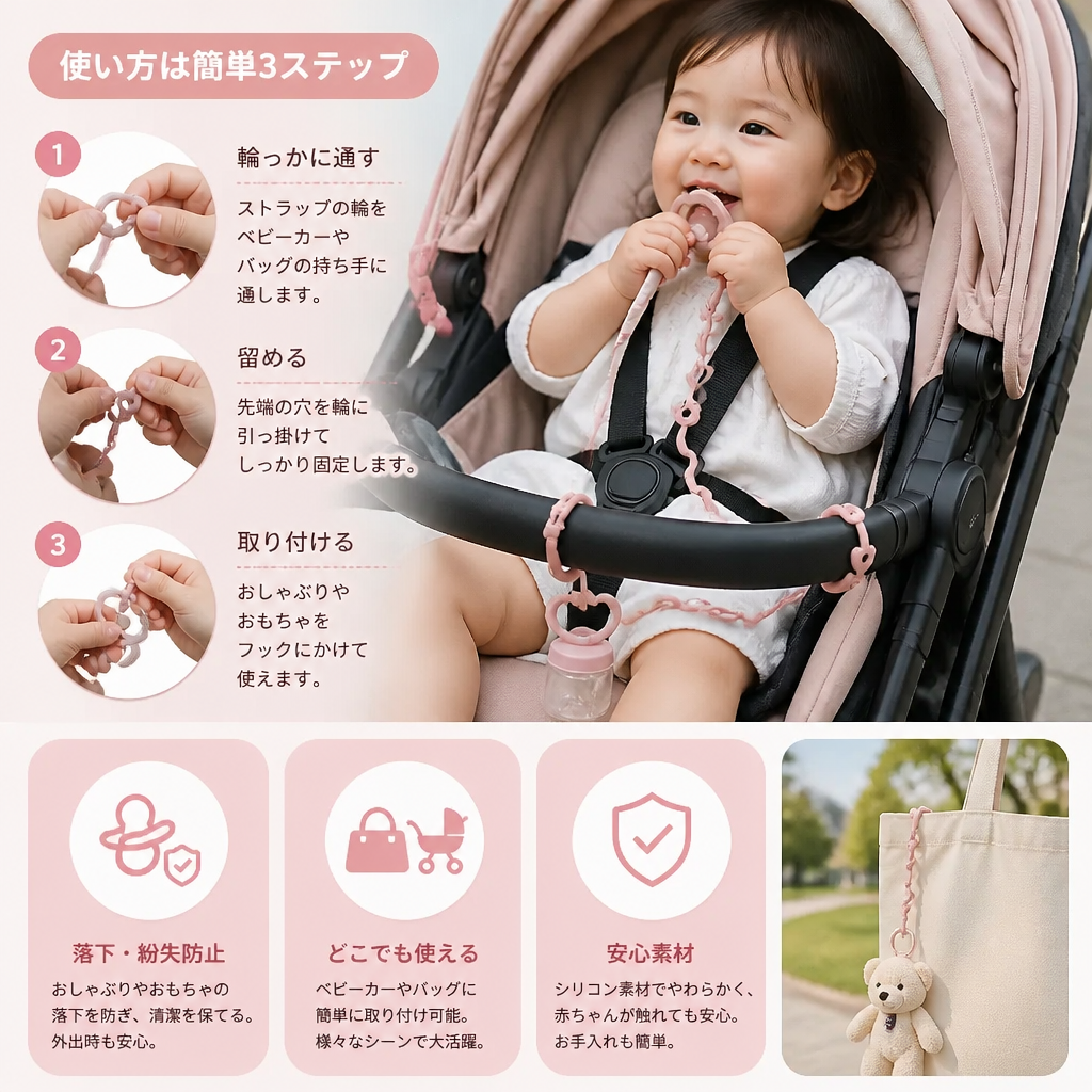 シリコン製ベビーチェーン（紛失防止機能付き）― おしゃぶり＆おもちゃ用（5個セット）
