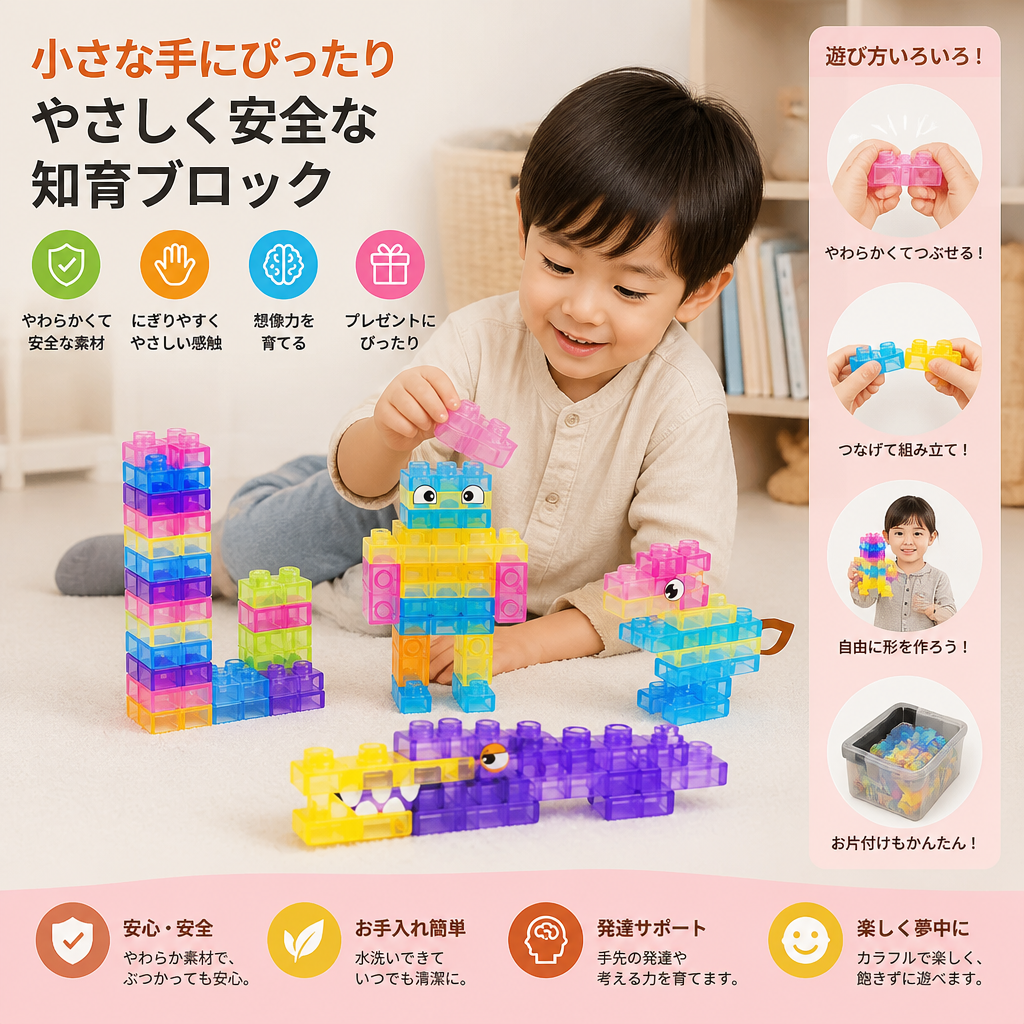 お子様向け感覚遊びソフト積み木セット – やわらかく握って遊べる知育ブロック