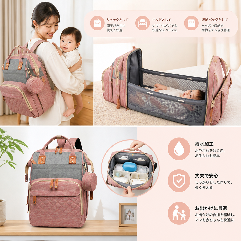 3-in-1 トラベルおむつバックパック with 折りたたみベビーベッド – 外出先の親に最適