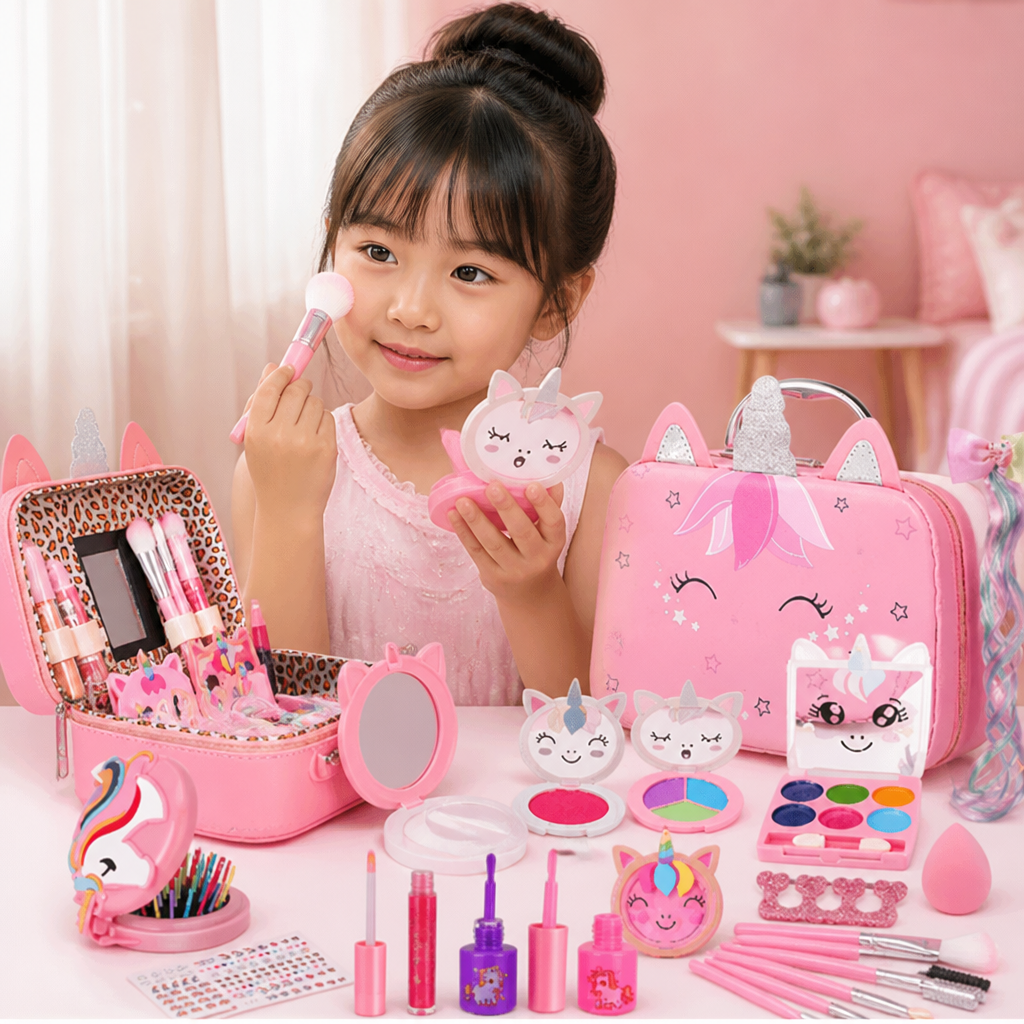 環境にやさしく、簡単に洗い落とせる子ども用プリンセスメイクセット（コスメポーチ付き）