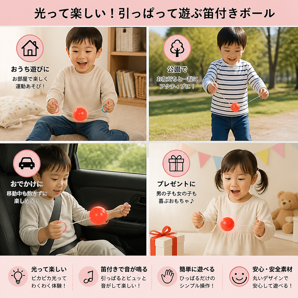 子ども用 光る笛付き引きひもコマボール
