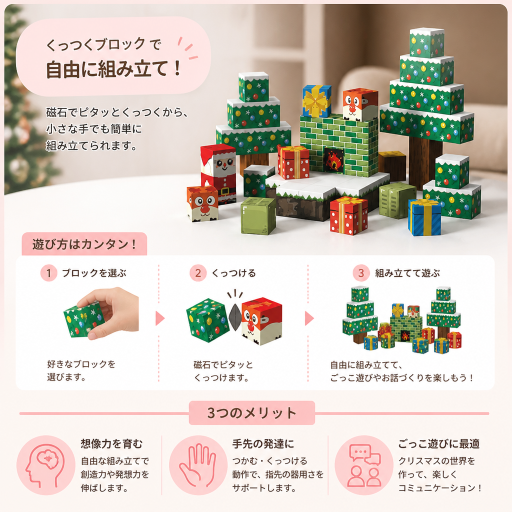 子ども向け54ピースのクリスマス磁石ブロックセット