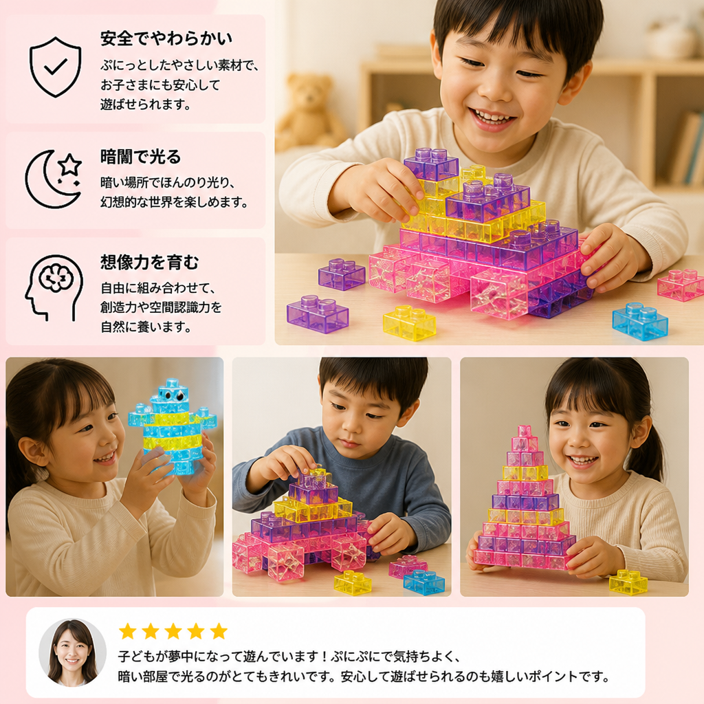 暗闇で光る子供用ぷにぷにジェリーブロック – 安全で柔らかい