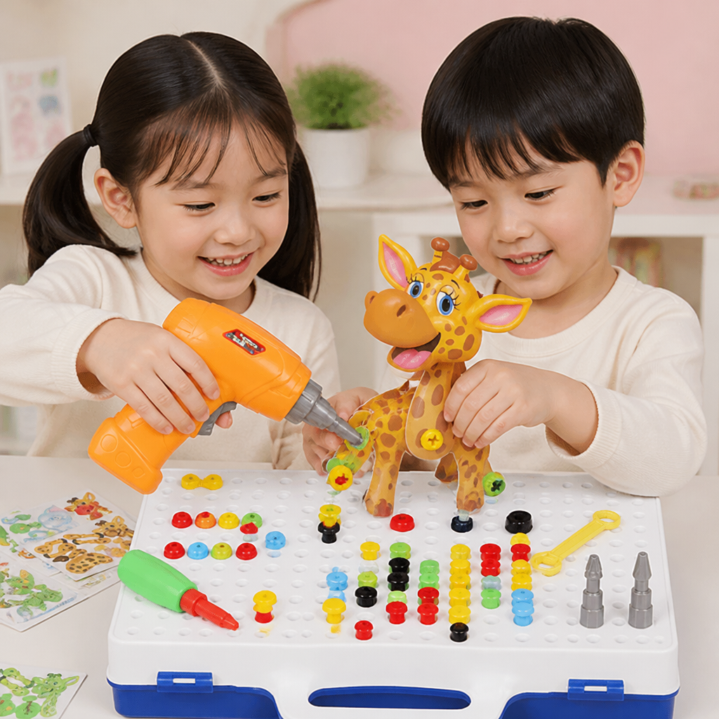 子ども向け電動おもちゃドリル付きサファリ動物ブロック組み立てセット