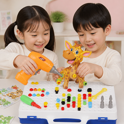 子ども向け電動おもちゃドリル付きサファリ動物ブロック組み立てセット