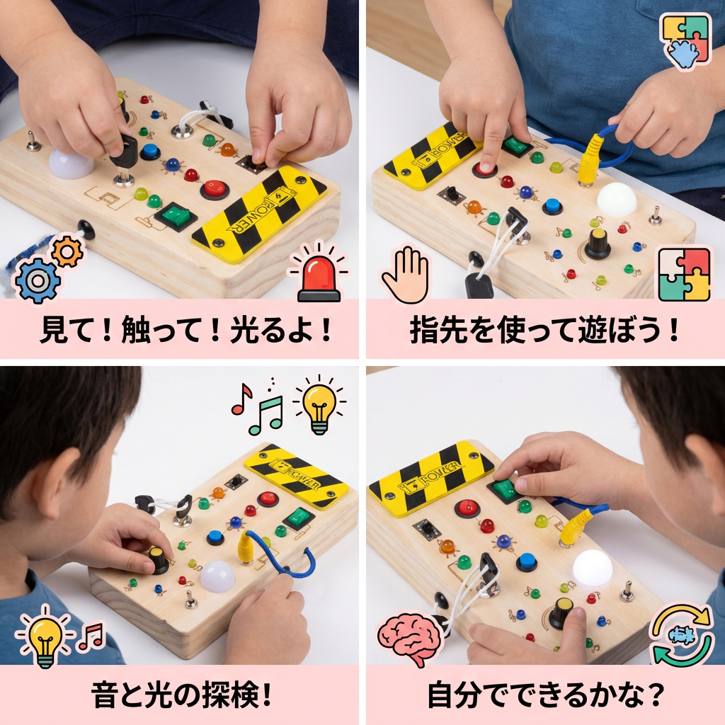 ライトとスイッチ付き木製モンテッソーリ感覚ボード – 子供用知育モーター玩具