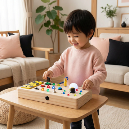 ライトとスイッチ付き木製モンテッソーリ感覚ボード – 子供用知育モーター玩具
