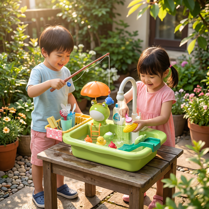 子供用プレイキッチン（水機能付き）– 電動水循環＆魚釣りゲーム付きシンクおもちゃセット