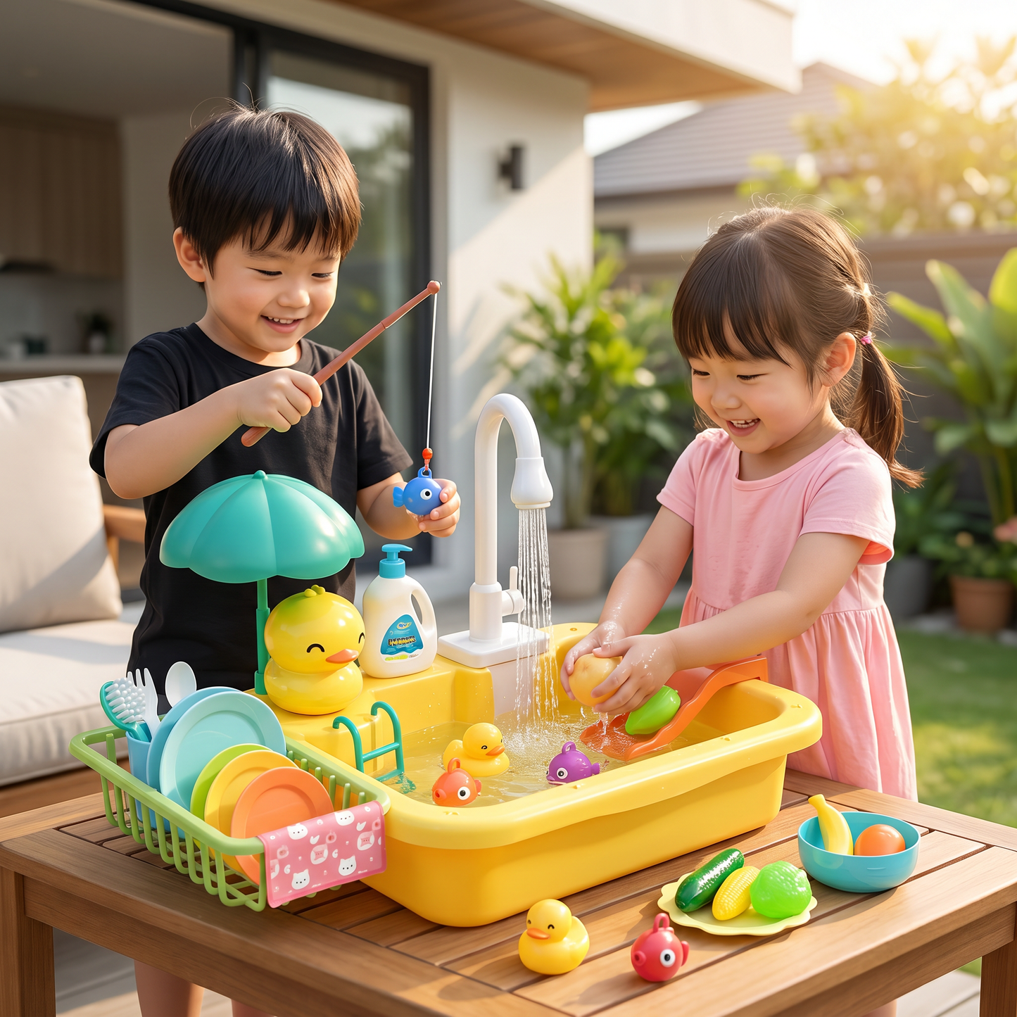 子供用プレイキッチン（水機能付き）– 電動水循環＆魚釣りゲーム付きシンクおもちゃセット