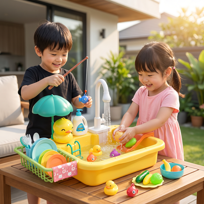 子供用プレイキッチン（水機能付き）– 電動水循環＆魚釣りゲーム付きシンクおもちゃセット