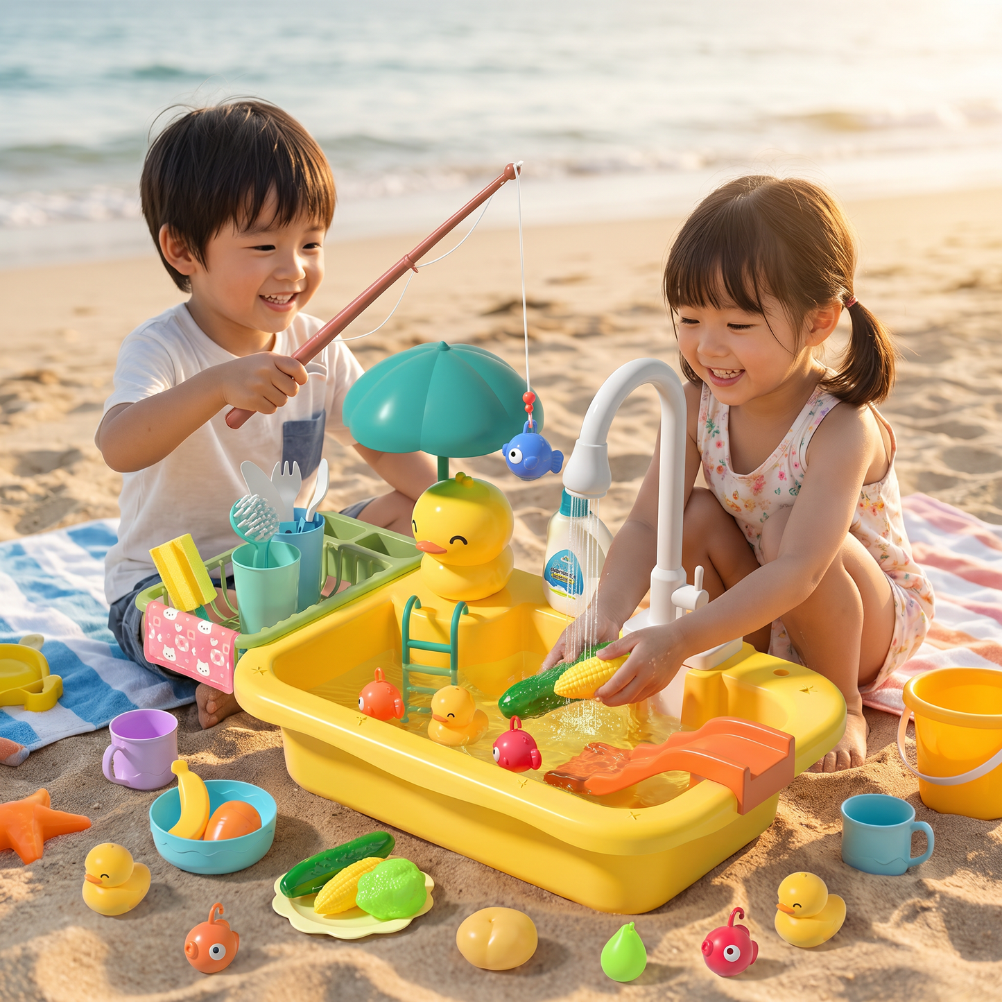 子供用プレイキッチン（水機能付き）– 電動水循環＆魚釣りゲーム付きシンクおもちゃセット